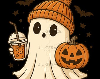 Kawaii Halloween-spook PNG: pompoen en drankje, gezellige herfstkunst (digitale download)
