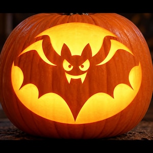 May include: A carved orange pumpkin featuring a glowing cutout design of a bat with pointed ears, wide eyes, and visible fangs. The interior light illuminates the bat shape against the dark, textured surface of the pumpkin skin.