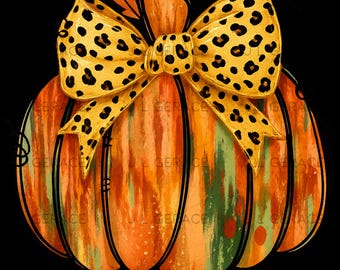 Cheetah Print Pumpkin PNG | Fall Sublimation Clipart | Orange & Green Pumpkin with Leopard Bow | Rustic Autumn PNG | Digital Download