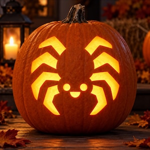 May include: A carved orange pumpkin featuring a glowing spider design on its front. The spider silhouette is illuminated from within, casting a warm yellow light through the cutouts, which include eight angular legs and a small face.