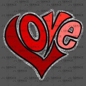 Puede incluir: Un gráfico en forma de corazón rojo con la palabra "LOVE" en una fuente audaz y estilizada. La palabra está en un degradado de tonos rojos, delineada en negro y acentuada con un efecto de brillo plateado. El fondo es gris sólido.