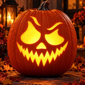 May include: A carved orange pumpkin with a dark stem, featuring a glowing, jagged, wide-toothed grin and two arched, expressive eyes illuminated from within, creating a bright yellow light that shines through the cut-out facial features.