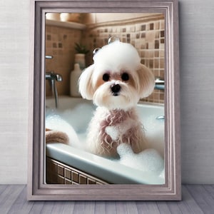 Maltese Bubble Bath Time Bathroom Art Decor - Digital Download 8x10, 11x14, 16x20