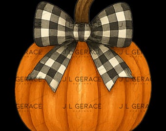 Pumpkin with Buffalo Plaid Bow PNG | Fall Farmhouse Clipart (Digital Download)