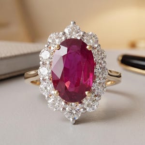 Oval Natural Ruby Scalloped Halo Ring, Lab-Grown Diamond Moissanite Band, Solid 14k Gold Silver