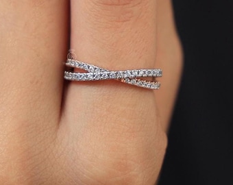 Morden Criss Cross Pavé Band :Lab Grown Diamond or Moissanite –Solid Gold or Silver