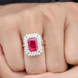 Emerald Red Ruby Ring in Solid Gold or 925 Silver | Double Halo Moissanite or Lab Grown diamond Ring Statement Cocktail Ring | Gift for Her