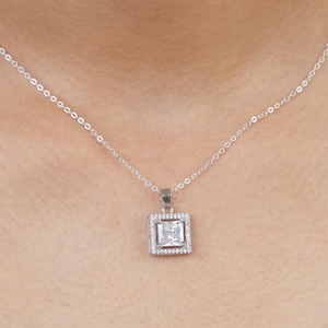 Princess Cut Halo Square Pendant : Lab Grown Diamond or Moissanite –Solid Gold or Silver