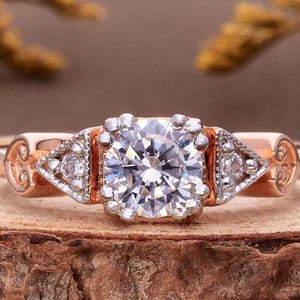 Three Stone Engagement Ring : Lab Grown Diamond or Moissanite –Solid Gold or Silver