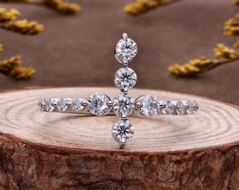 Cross  Unique Dainty Faith Ring : Lab Grown Diamond or Moissanite –Solid Gold or Silver