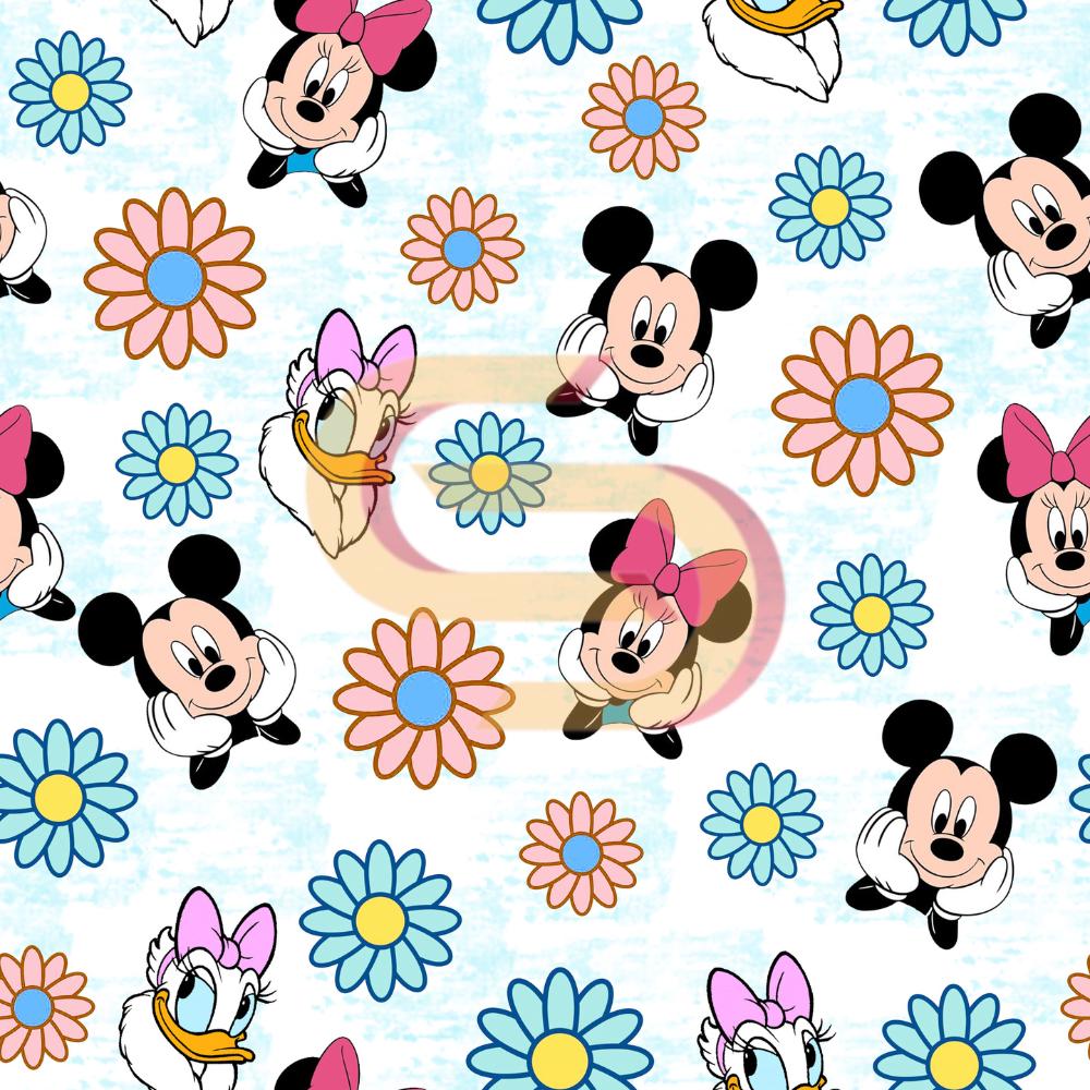 Cute Disney Pattern, Mickey and Minnie Mouse, Daisy Duck, Cartoon Flowers, Seamless Background, Kids Fabric Design