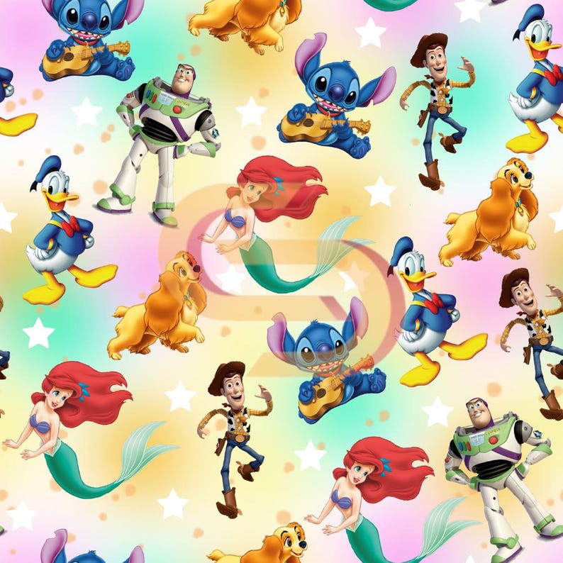 Disney Character Pattern Fabric - Stitch Ariel Woody Donald Buzz Lady ...