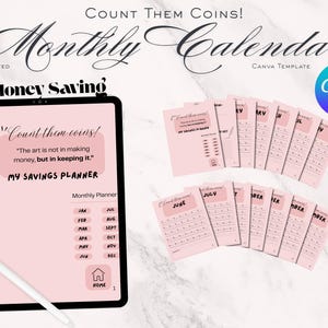 Könnte beinhalten: Eine rosa digitale Planervorlage mit dem Text "Count them coins!" und "The art is not in making money, but in keeping it." Der Planer enthält einen Monatskalender und einen Abschnitt für "My Savings Planner".