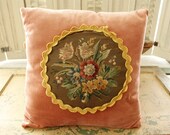 SALE-Vintage Cottage Needlepoint Pillow Peachy Velvet with Floral Hand-work Center Encircled by Velveteen Rick-rack, Classic Home Decor