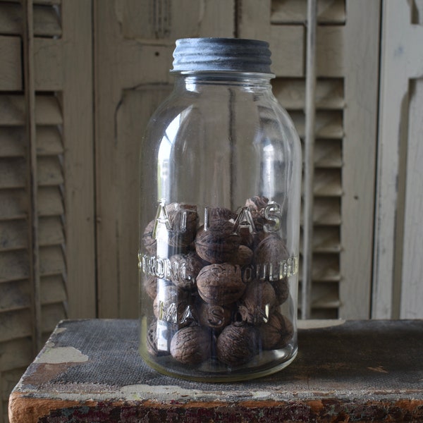 Antique Atlas Mason Jar, Strong Shoulder, Old Canning Jar, Original Lid, Filled with Dried Nuts Country Kitchen, Primitive Jar