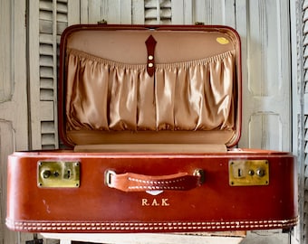 Antique Belber Neolite Suitcase: Mid-century Brown Vinyl Luggage