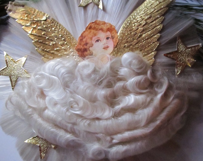 Vintage Spun Glass Tree Topper Angel With Litho Face Gold Foilwings