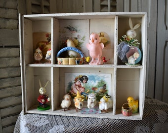 Antique/Vintage Knick-Knack Shelf, Filled with Vintage Easter Treasures, Divided Easter Display Box, Wall Hanging, Fully Decorated