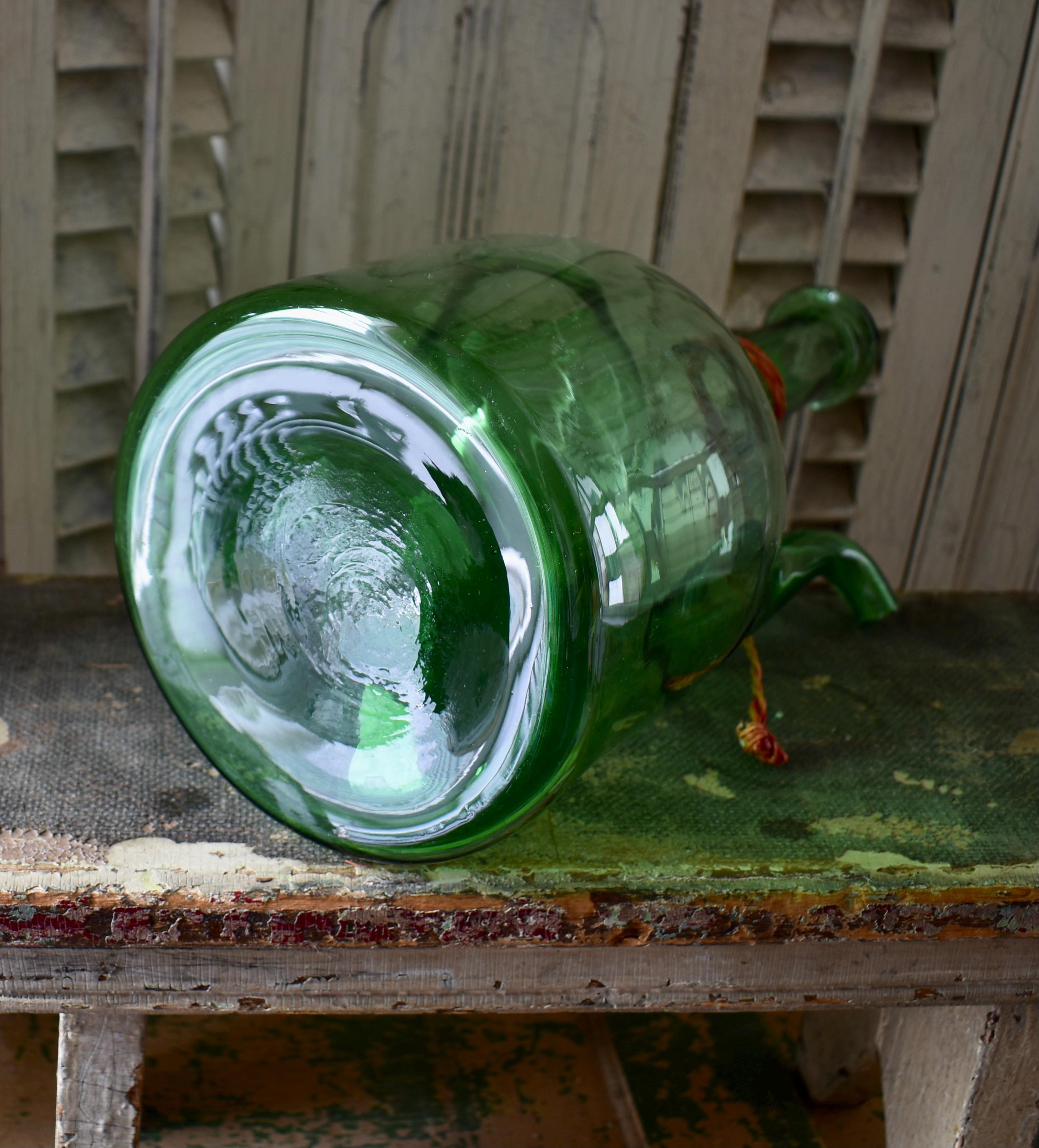 1960s Spanish Wine Decanter, Green Glass Jug Porron, MCM
