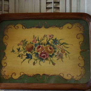 Antique Floral Wood Tray Under Glass: Hand-Painted Cottage Decor