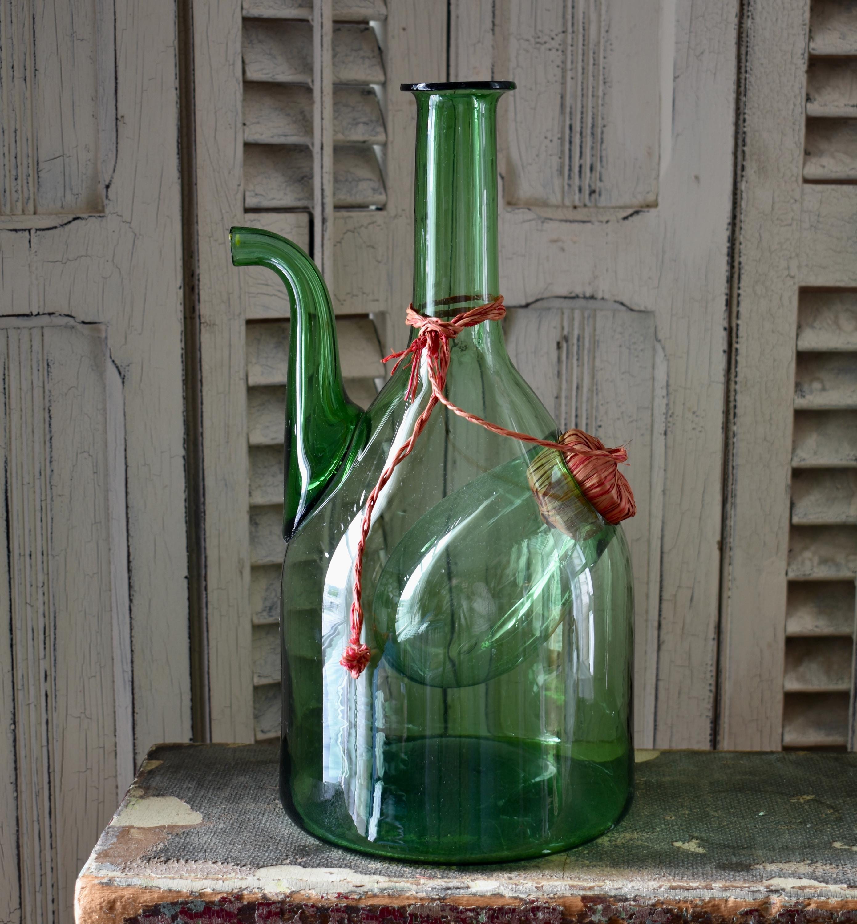 1960s Spanish Wine Decanter, Green Glass Jug Porron, MCM