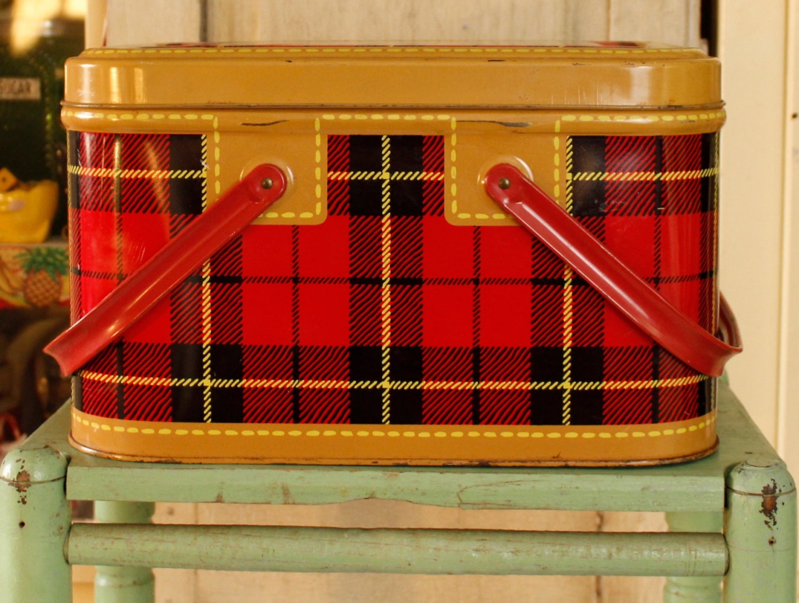 Vintage Skotch Plaid Metal Litho Picnic Basket Etsy
