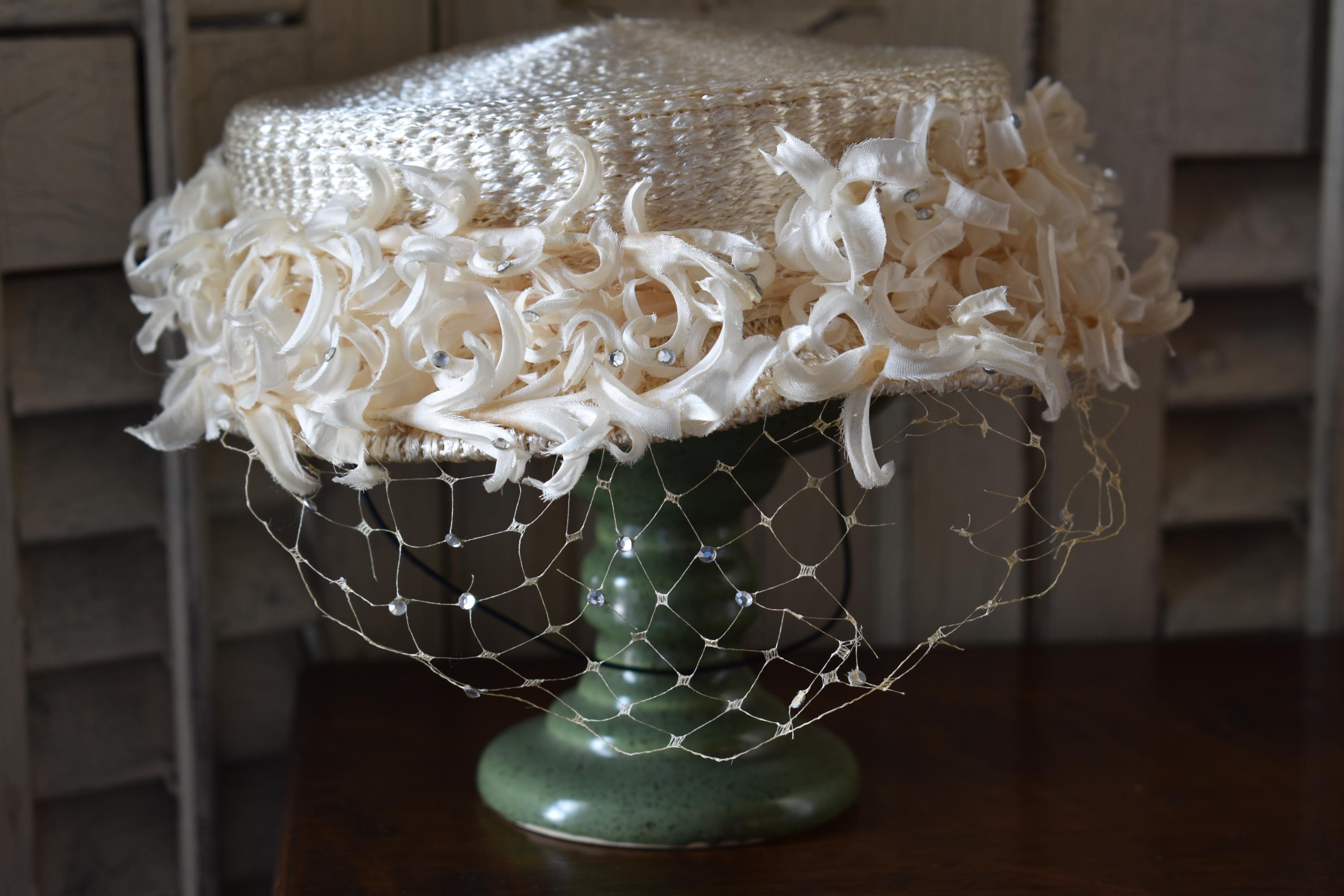 Vintage 1950s Cream Woven Hat: Rhinestone Millinery, Netting  display picture 2