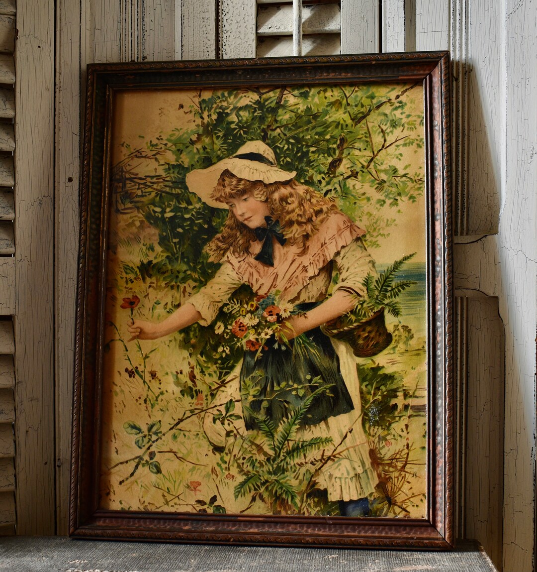 Antique Framed Art Lithograph of a Girl Picking Prairie Etsy