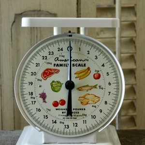 Puede incluir: Una báscula de cocina blanca vintage con un dial redondo que muestra ilustraciones de alimentos. La báscula, marcada 'American Family Scale', mide hasta 11 kg. Tiene una base y una parte superior blancas, con medidas en gramos.