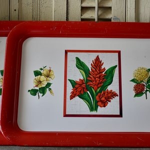 Set di vassoi da portata vintage Mod, vassoi in metallo di metà secolo, vassoi in metallo retrò di metà secolo, rossi e bianchi con fiori esotici