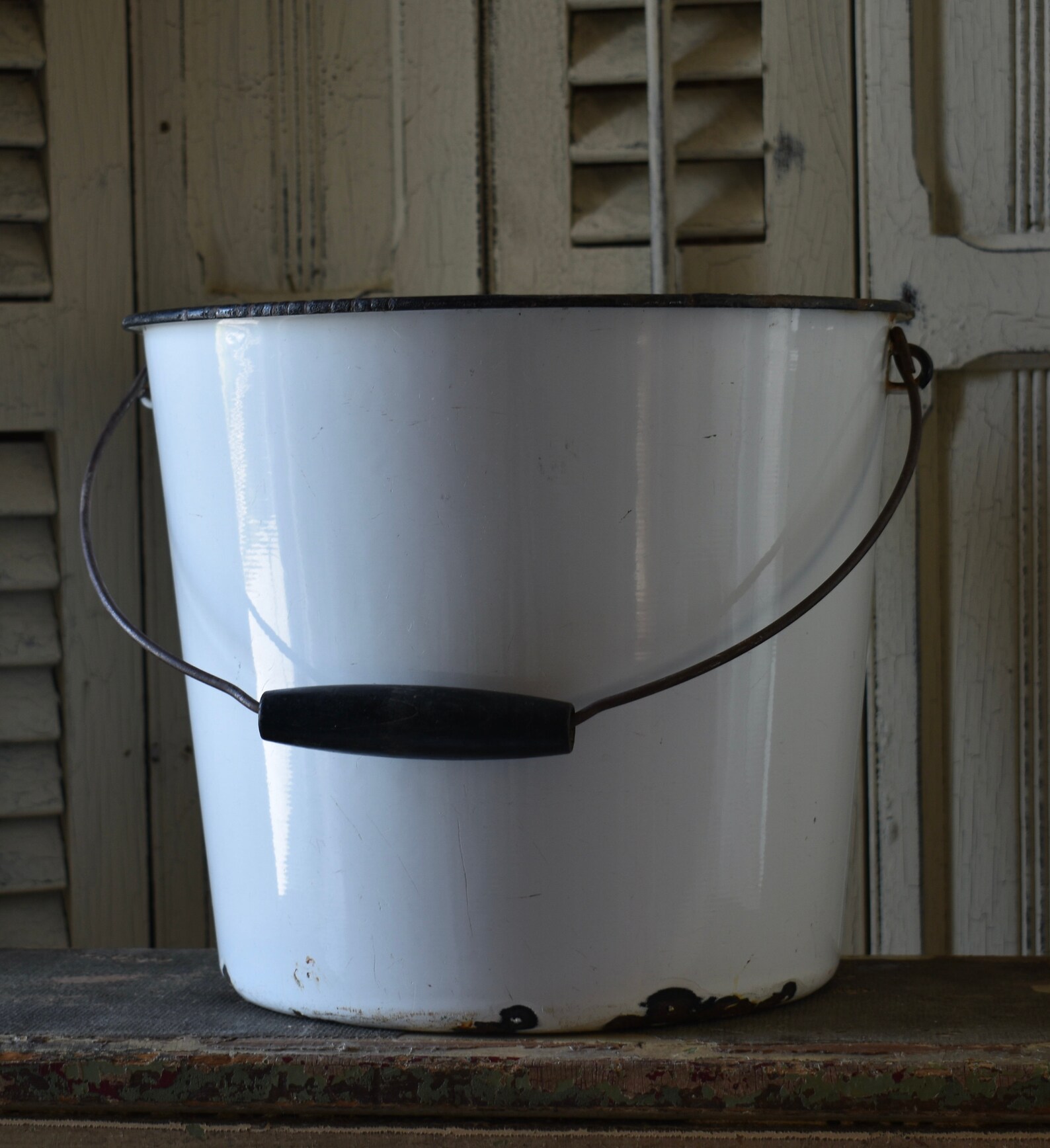 Antique White Enamelware Bucket Black Trim Enamelware Bucket Etsy