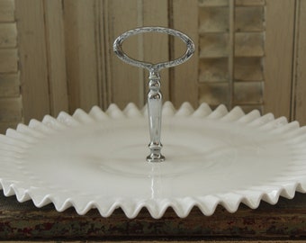 Vintage Fenton Milk Glass Hobnail Server/Cup Cake/Wedding Serving/Ruffled EdgeTrau With Handle/Large Hobnail Party Platter