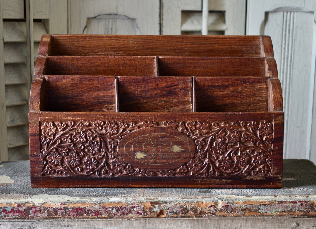 Vintage Wood Desk Organizer Made in Indiahand Carved Teak - Etsy