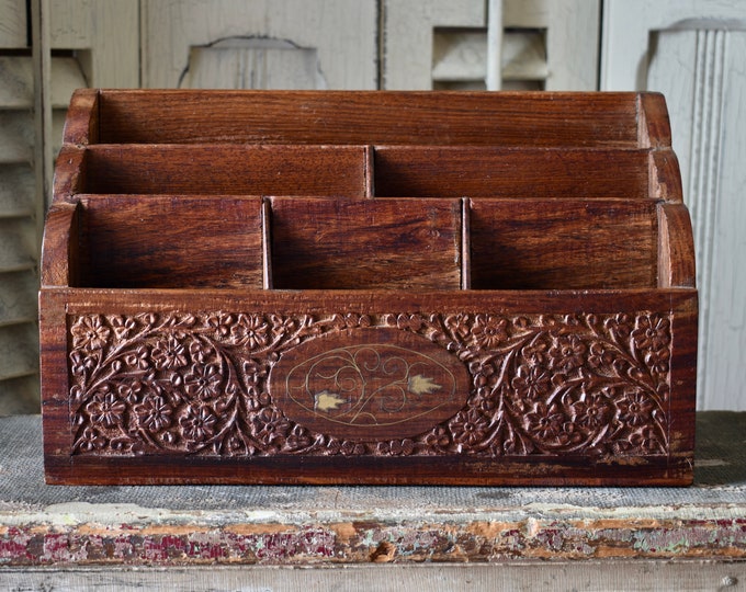Vintage Wood Desk Organizer, Made in India,hand Carved Teak With