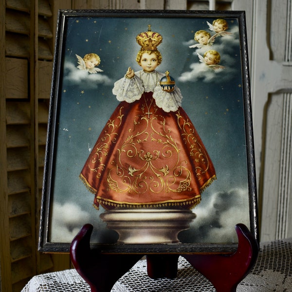 Antique Infant of Prague, Original Frame, Collectible Art, Religious Lithograph, Radiant Starry Night Sky with Angels, Cherubim