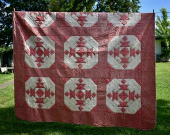Vintage/Antique Handmade Lancaster Co. Pennsylvania Quilt, All Hand Stitched, Long, Family Heirloom, Rose and White Familt Quilt