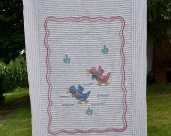 Vintage Chenille Crib Bedspread: Darling Duck Nursery Decor