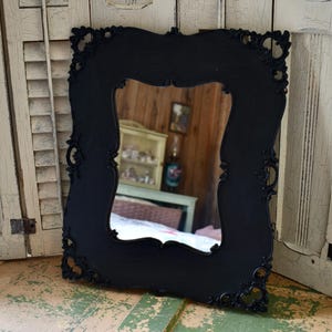 Antique Victorian Gothic Black Framed Mirror, 100 Plus Years old, Rare, One of a kind, Flat and Frilly, 18&quot; x 15&quot;-Halloween Decor