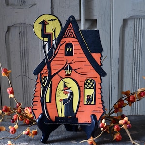 décoration d&#39;Halloween vintage, maison de sorcière découpée, en relief, années 1950, fabriqué aux États-Unis, rare objet de collection d&#39;Halloween HE Luhrs fabriqué aux États-Unis