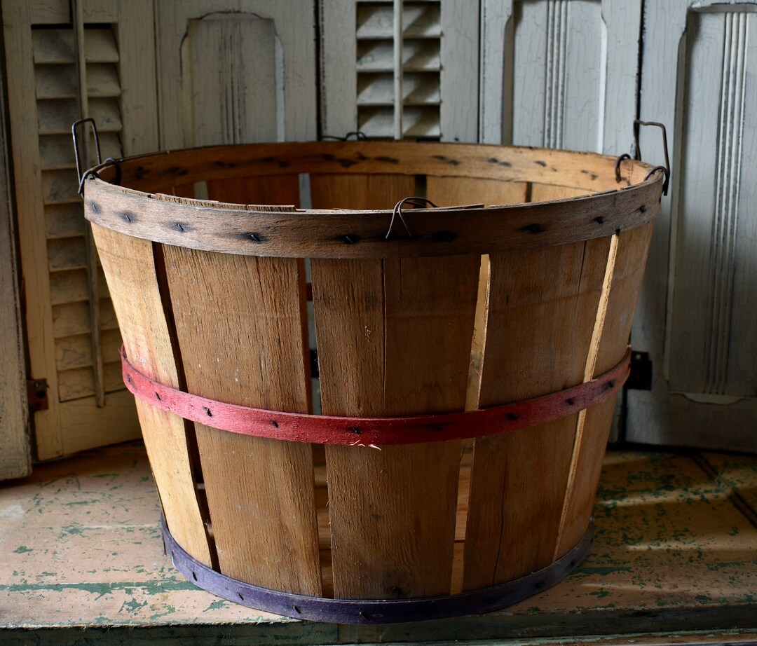 Antique Wood Slat Bushel Basket Three Hoop Split Wood Bushel Etsy