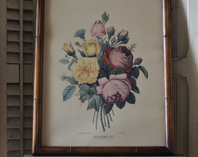 Vintage French Floral in Bamboo Style Frame French Antique Floral Print ...
