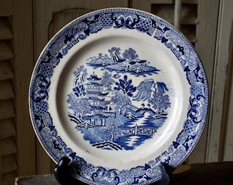 Piatto antico in porcellana blu Willow Transferware: porcellana Ironstone del 1800