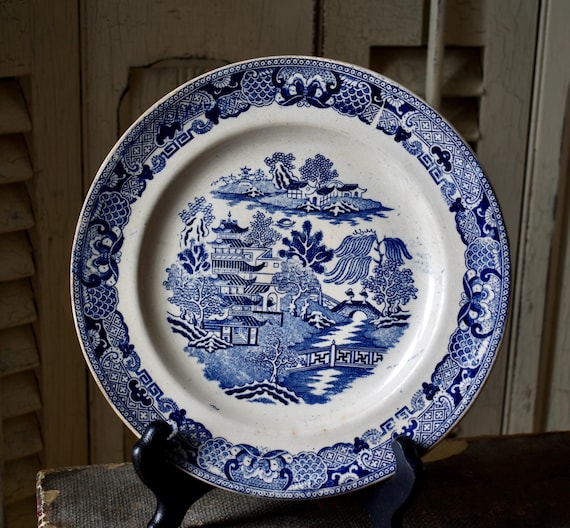 アンティークブルーウィロー転写皿：1800年代の鉄石陶器 - Etsy 日本