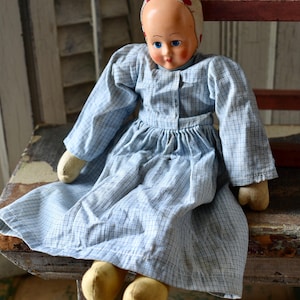 Antique Cloth Folk Art Doll: Hand-Painted Face, Lancaster Dress