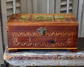 Antique Ornate Cedar Jewelry Box, Cottage Scene, Heart Lock