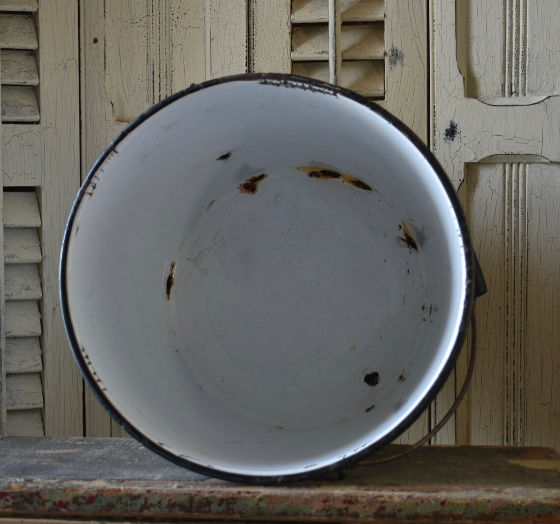 Antique White Enamelware Bucket Black Trim Enamelware Bucket Etsy