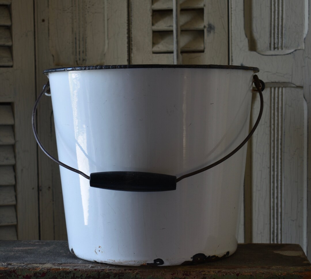 Antique White Enamelware Bucket Black Trim Enamelware Bucket With Swing