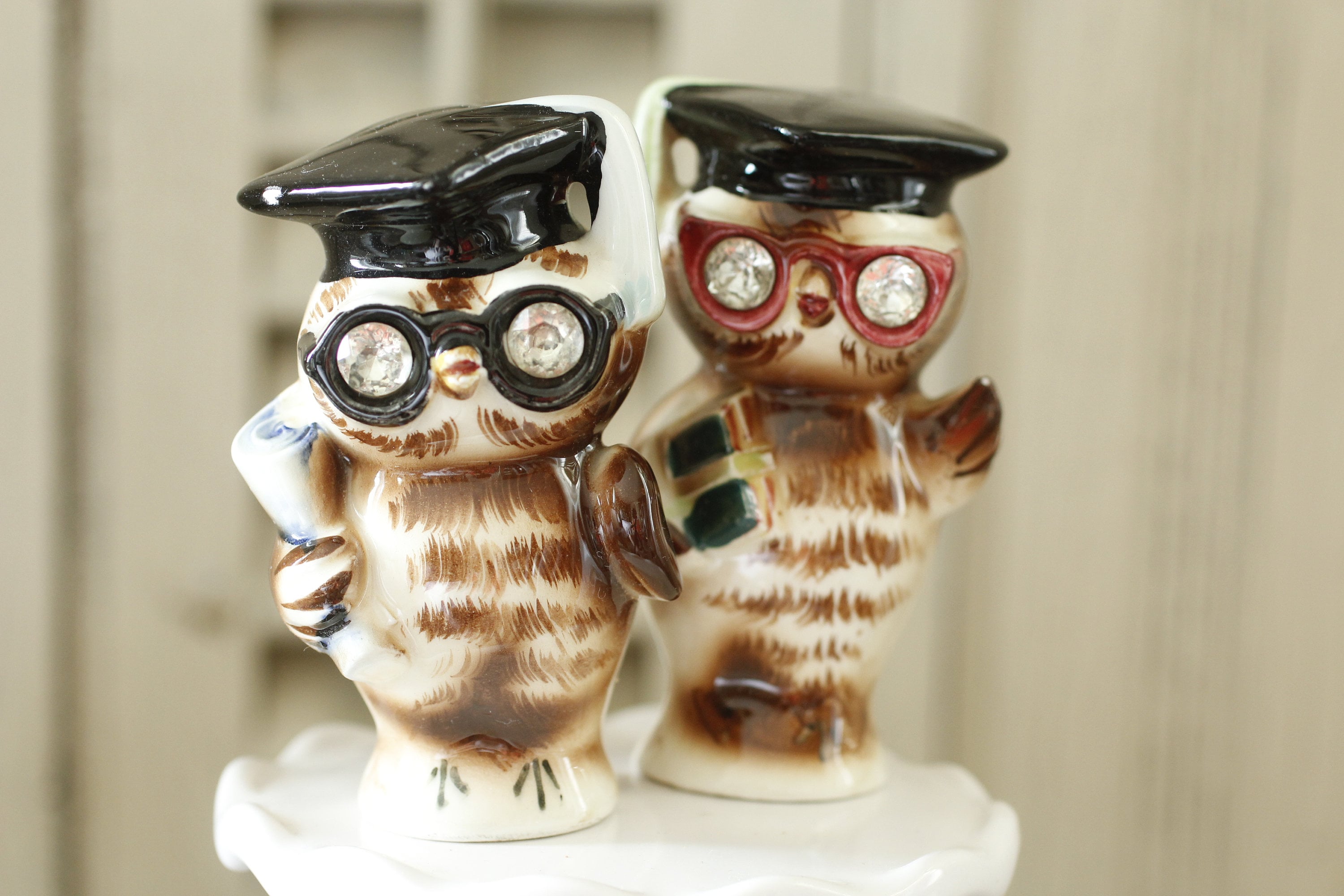 Vintage Owl Graduate Salt and Pepper Shakers with Rhinestone Eyes by Napco Japan, Knick-knack, Small
