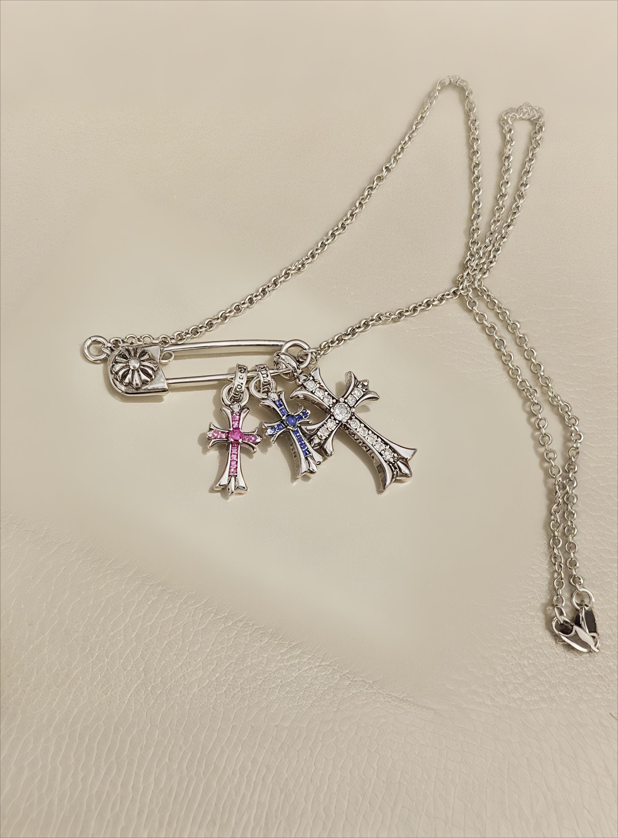 CH in Box 925 Silver Vintage Pin Cross Pendant Necklace