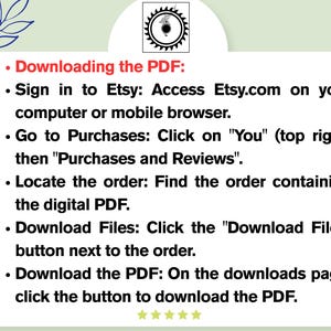 May include: A light green background with text explaining how to download a PDF from Etsy. The text includes steps like signing in, going to purchases, locating the order, and downloading the files.
